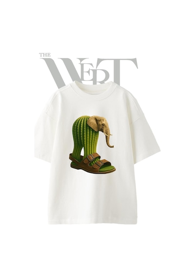 Thewert Elephant Cactus Sandal Tasarım Baskılı Ünisex Beyaz Oversize T-shirt