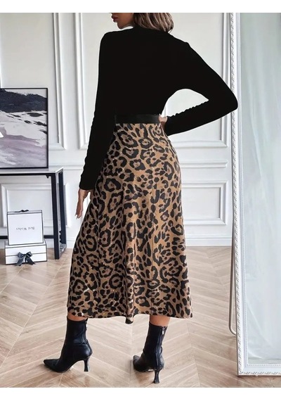 Efnaz Style Kadın Uzun Kollu Bisiklet Yaka Ithal Krep Bluz Alt Desenli Modal Midi Elbise Siyah