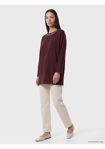 Lcw Everyday Mürdüm Soft Touch Taşlı Oversize Kadın Sweatshirt Tunik