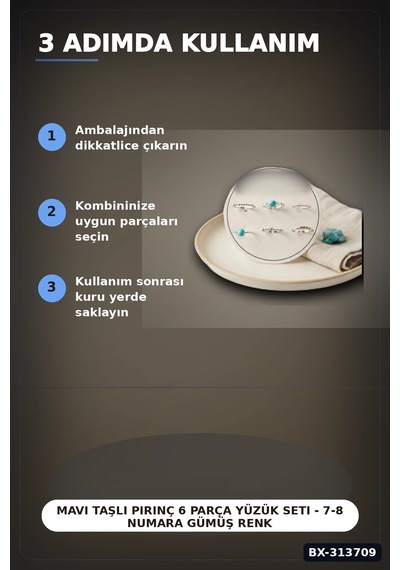 Mavi Taşlı Pirinç 6 Parça Yüzük Seti - 7-8 Numara Gümüş Renk Bijuteri Aksesuar Bx-313709 Çok Renkli