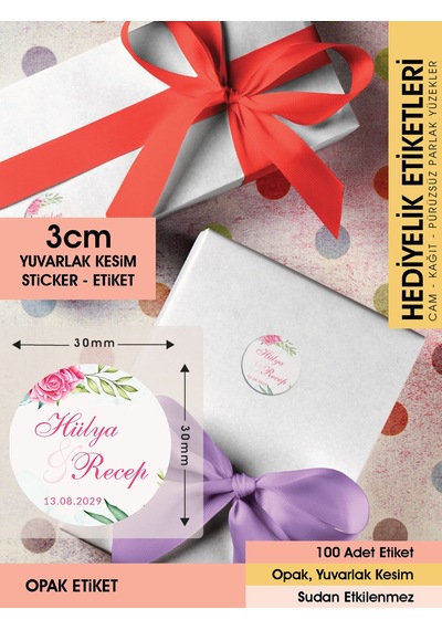 Pembe Gül Etiket Modeli, Ürünlerinize Özel 3cm - 100 Adet Opak Sticker Renkli