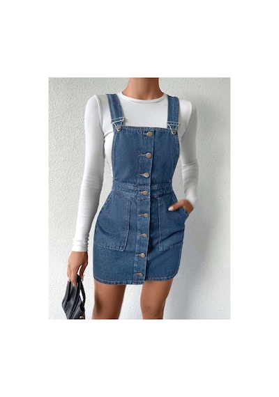 Kene Jeans Ön Düğmeli Etekli Koyu Mavi Bahçevan Elbise Koyu Mavi
