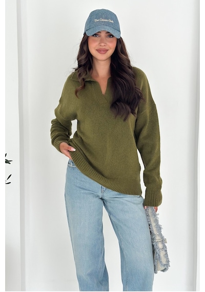 Femelle Haki Kadın Polo Yaka Oversize Triko Kazak - Standart Beden Yumuşak Dokulu - 8551