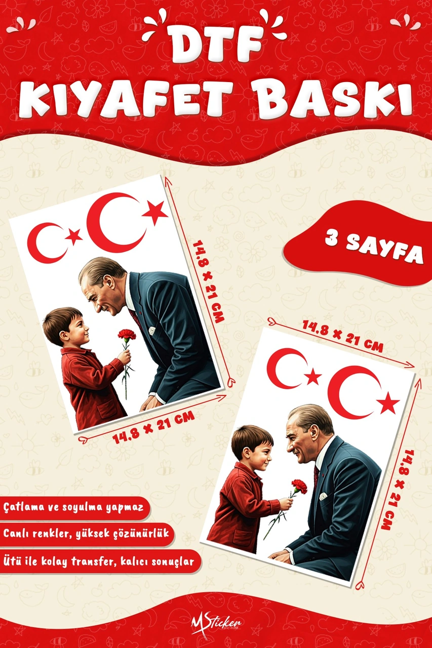 Atatürk Ve Çocuk 29 Ekim Tshirt Kumaşa Baskı Yapılabilen Özel Tasarım Ütü Ile Yapışan Tekstil Dtf Çok Renkli