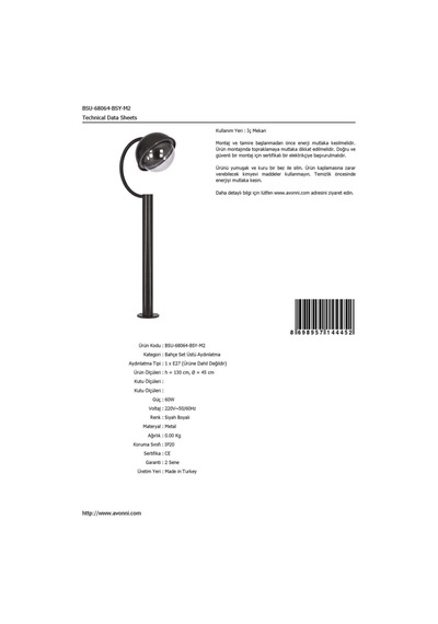 Avonnı Bsu-68064-bsy-m2 Siyah Elektrostatik Toz Boyalı Dış Mekan Aydınlatma, E27, Aluminyum, Döküm Dip, Polikarbon Cam, 45cm Sku: Smgstkd69e944b9b .