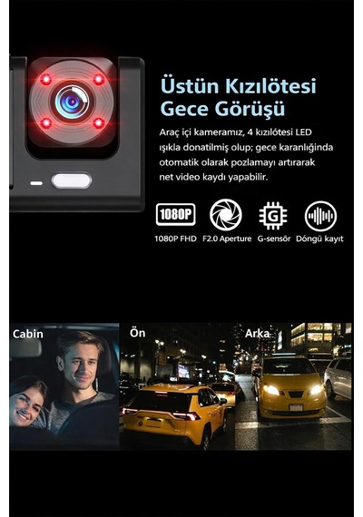 Tr 1080p Fhd Araç Kamerası, 170 Ön Ve 120 İç Kamera, Gece Görüşlü Dash Cam, 4 Kızılötesi Led, F2.0 Diyaf