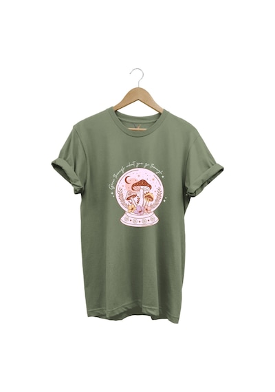 Vintage Retro Streetwear Poster Mantar Küresi Baskılı %100 Pamuk Regular Fit Bisiklet Yaka T-shirt Haki
