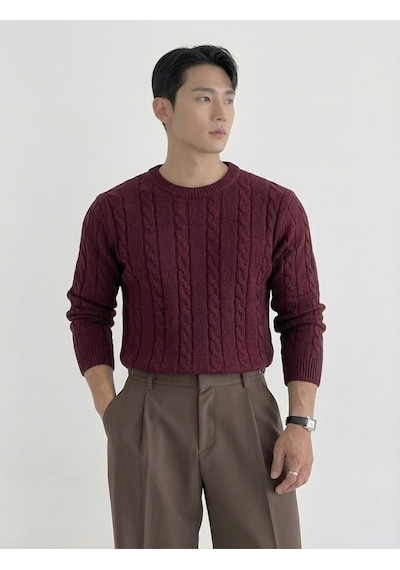 Erkek Bordo Bisiklet Yaka Slim Fit Saç Örgülü Triko Kazak Bordo
