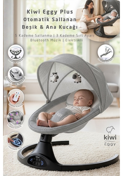 Kiwi Eggy Plus Elektrikli Otomatik Sallanan Bebek Ana Kucağı, 5 Farklı Sallanma Hızı, Oyuncaklı, Açık Gri