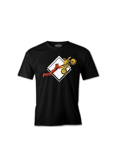 A Biker Performing A Double Seat Stunt On Amotor Bike Siyah Erkek Tshirt 001
