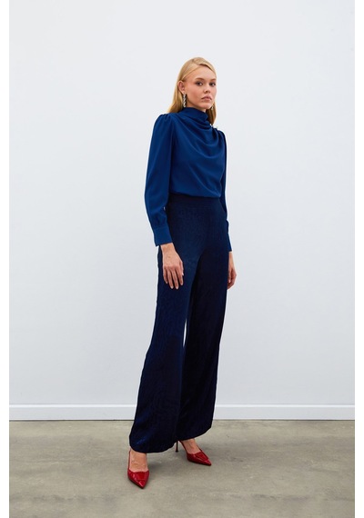 Sateen Düğmeleri Taş Detaylı Bluz - Lacivert-134895 Lacivert