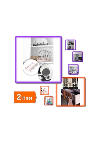 Tencere Kapağı Organizeri 6 Bölmeli Kapak Rafı + 6 Adet Çekmece Havlupan Askısı - 2li Set D7r3g4 Pla Diğer