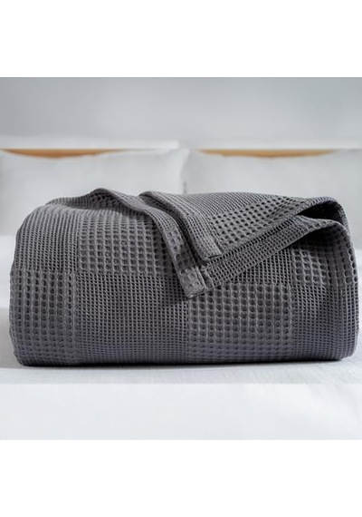 Waffle Desenli Pike Yatak Örtüsü Koyu Gri, Tek Kişilik Pike 160x230 Cm, 100% Pamuk, Hafif 4 Mevsim Kullanım Açık Indigo
