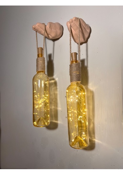 El Figürlü Duvar Lambası Pilli Led Işıklı Dekoratif Vitray Boyalı Cam Şişe Aydınlatma Vintage El Sarı Işık