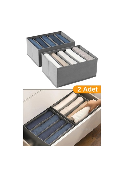2 Adet - 5 Bölmeli Dolap Ve Çekmece Içi Düzenleyici Saklama Kutusu Organizer - Antrasit Kumaş 35 X 2 Diğer