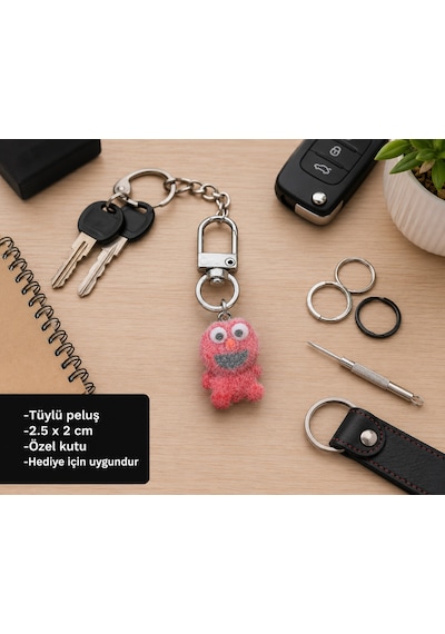 Pembe Mini Sevimli Canavar Charm - Peluş Figürlü Çanta Aksesuarı Hediye
