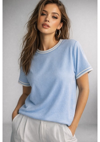 Kadın Mavi Bisiklet Triko Yaka Kısa Kollu Basic T-shirt Mavi
