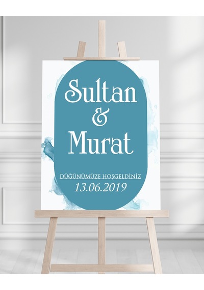 Söz Nişan Düğün İçin 50x70 Karşılama Panosu - Pastel Mavi Tasarımlı Beyaz