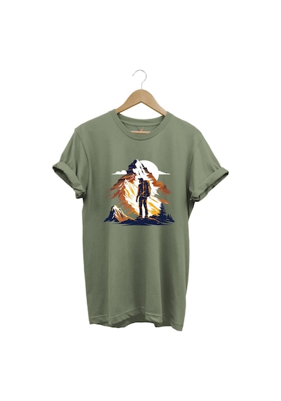Mountain Dağ Yürüyüşü Ve Kar Manzara Baskılı %100 Pamuk Unisex Regular Fit T-shirt Haki