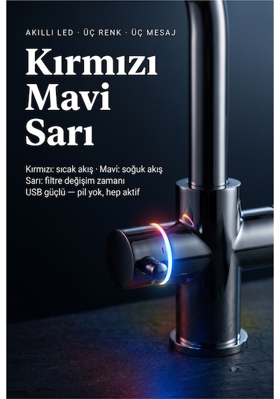 Likuan Akıllı 3 Yollu Tri-flow Mutfak Bataryası Sıcak/soğuk Filtreli + Şebeke Led Renk Göstergeli L-tipi Krom Gümüş