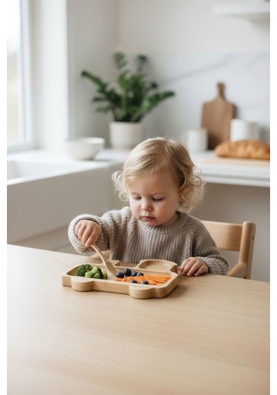 Tren Figürlü Bambu Bebek Mama Seti Bölmeli Tabak + Kaşık Çatal Seti Bej