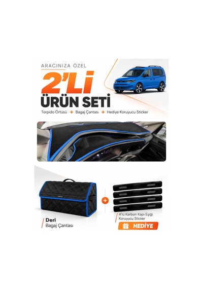 Volkswagen Caddy 2022-2026 Uyumlu Torpido Örtüsü + Deri Bagaj Çantası + Sticker Seti - Siyah Mavi