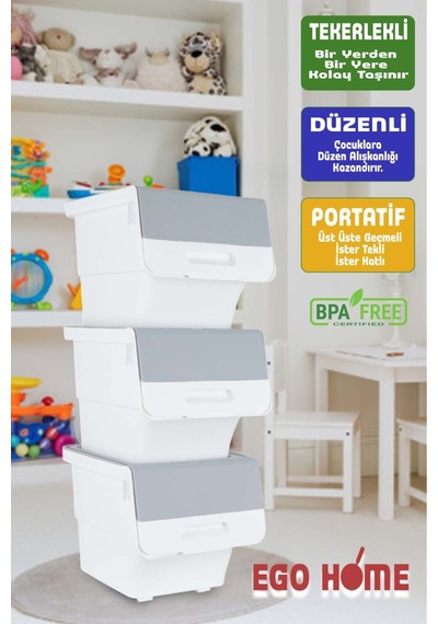 3lü Tekerlekli Oyuncak Düzenleme Dolabı Kapaklı Saklama Kutusu Oyuncak Sepeti Çok Amaçlı Mote 36 Lt Gri