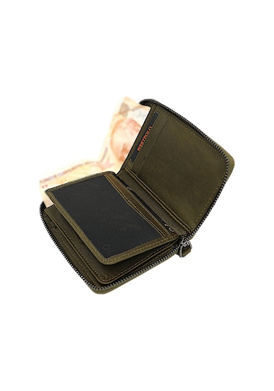 Westpolo Hakiki Deri Kağıt Para Ve Bol Kart Bölmeli Fermuarlı Unisex Cüzdan - Haki16 Haki