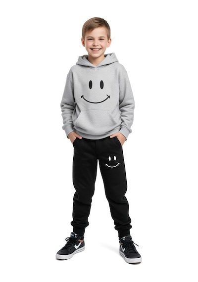 Fyk Kids Kapüşonlu Kanguru Cepli Yazı Baskılı Erkek Çocuk Eşofman Takımı Gri1
