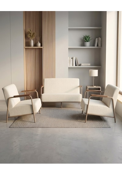 Atlas 2+1+1 Dokuma Kumaş Ofis Cafe Bekleme Koltuk Takımı Cappuccino Metal Krem