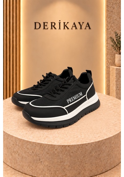 Deri Kaya Erkek Premium Kalın Taban Bağcıklı Günlük Sneaker Spor Ayakkabı Siyah