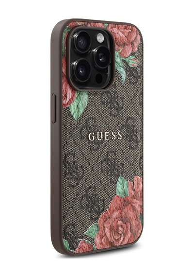 Apple Uyumlu iPhone 14 Pro Kılıf Guess Lisanslı Magsafe Şarj Özellikli Gül Baskılı Yazı Logolu Kapak Kahverengi