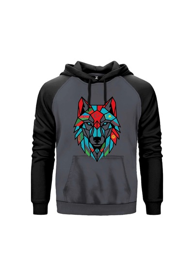 Gri Renk Geometrik Low Poly Bozkurt Başı Baskılı Renkli Reglan Kol Sweatshirt Kapşonlu