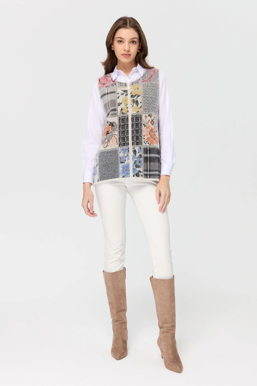 Desen Triko Kadın Sıfır Yaka Patchwork Yelek Kemik Kemik