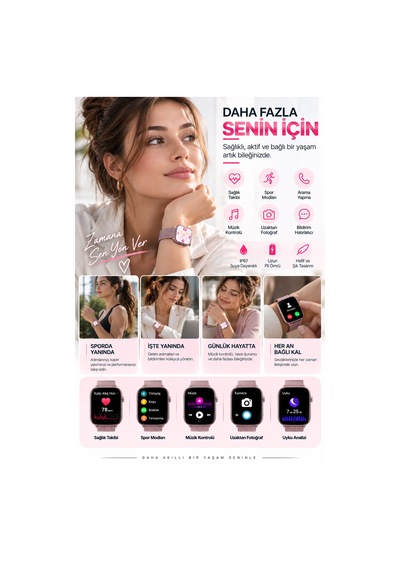 Akıllı Saat Sağlık Takibi Spor Modu Arama Ve Müzik Kontrolü - Lisinya Pembe