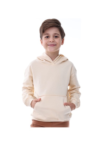 Zuzunga Basic Kapüşonlu Şardonlu Kanguru Cep Detaylı Çocuk Sweatshirt 3-10 Yaş Ekru