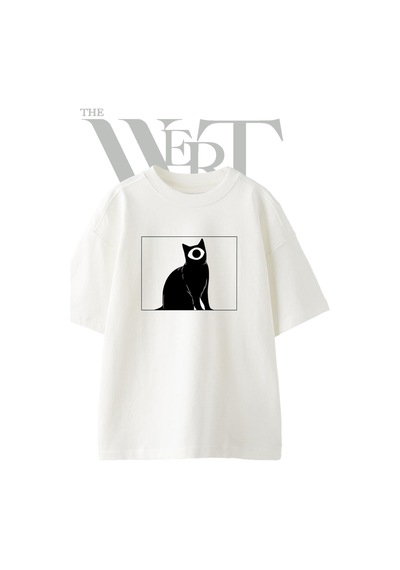 Thewert Tek Gozlu Kedi Tasarım Baskılı Ünisex Beyaz Oversize T-shirt