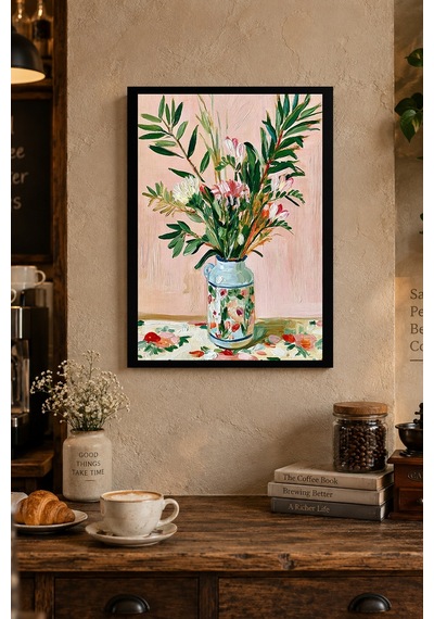 Pembe Zeminde Çiçekli Vazo Desenli Dekoratif Mdf Tablo, Çerçeve Görünümlü Ahşap Poster
