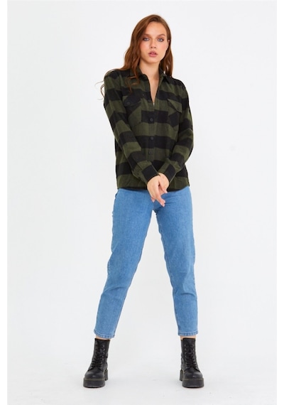 Tarz Cool Kadın Haki-siyah Slim Fit Cepli Ekoseli Oduncu Gömlek-kkkodg001r08s Haki-siyah