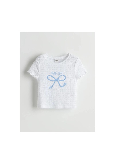 LC Waikiki Lcw Kids Beyaz Bisiklet Yaka Fiyonk Baskılı Kız Çocuk Crop Tişört Buxe Whıte