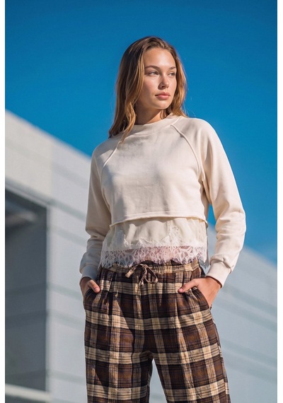 Kadın Bej W6-105 Dantel Detaylı Bol Kesim Tasarım Sweatshirt