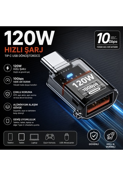 Coofbe Type-c To Usb-a Otg Adaptör, 120w Hızlı Şarj, 10gbps Usb 3.2 Veri Aktarımı, Telefon Tablet Laptop Uyumlu