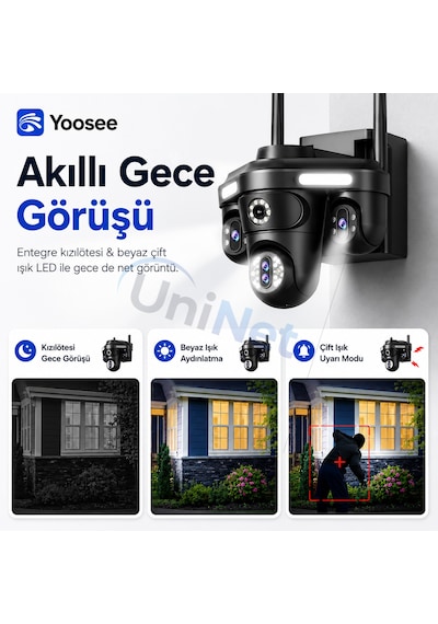 Uninet 4 Kameralı 3 Kamerası 355 Derece Dönebilen Biri Sabit Olan Wifi Güvenlik Sistemi Gece Görüşü, Çift Yönlü Ses Ve Uzaktan Izleme Özellikli Ip Ptz Kamera