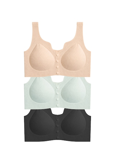 Cottonill Seamless Bra - Virela Lazer Kesim Önden Düğmeli Büyük Beden Kadın Sütyen 3'lü Paket Çok Renkli