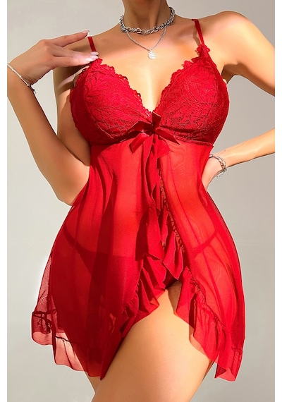 Ang Butik Kadın Kırmızı Dantelli, Fırfırlı Tül Ve Fiyonk Detaylı Tangalı Gecelik Takımı