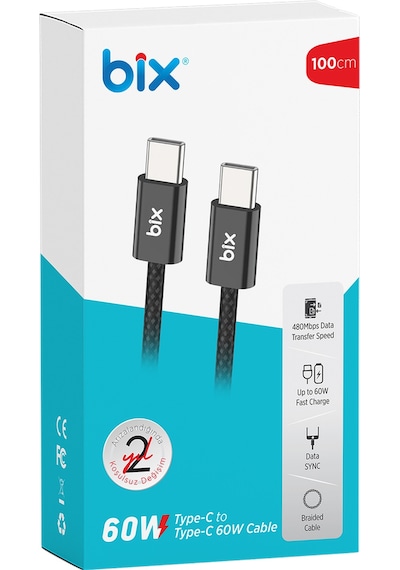 Bix BX04CC Type-c To Type-c 60w Şarj Data Kablosu 1 M Siyah