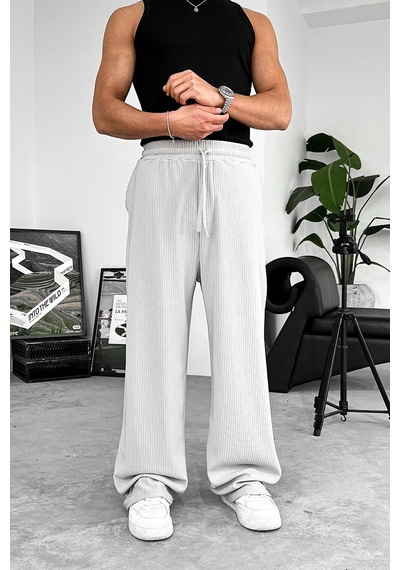 Gri Likralı Fitilli Baggy Pantolon Gri