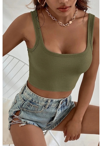 Kapsulavm Kadın Haki Yeşili Kalın Askılı Crop Top Büstiyer