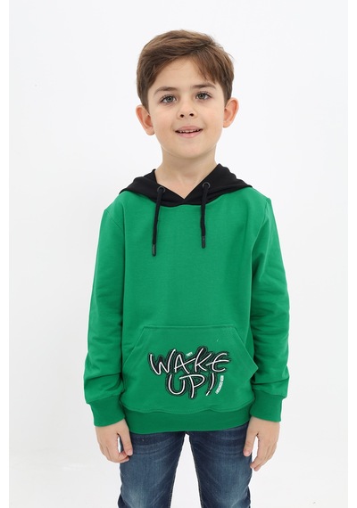 Toontoy Kids Toontoy Erkek Çocuk Relax Fit Kapüşonlu Cepli Renk Bloklu Baskılı Sweatshirt - 2 İplik Çimen Yeşili