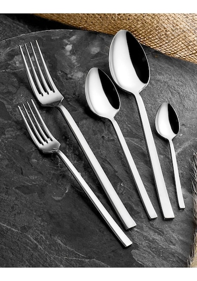 60 Parça Natural Çatal Kaşık Takımı Düz Model 12 Kişilik Çelik, Düz 60 Parça Tek Renk